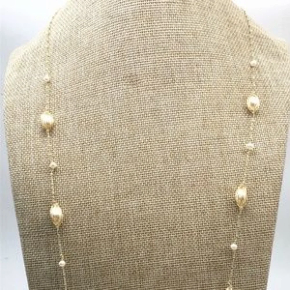 42" White Cultured Pearl Gold Chain Necklace 14K Yellow Gold Plate - Picture 2 of 11